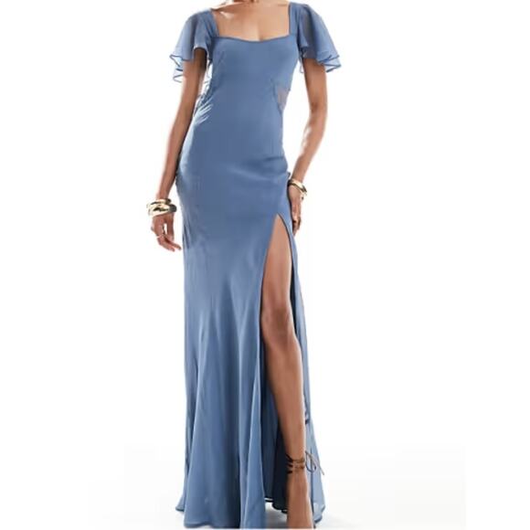 ASOS Tall Sz 8 Blue Bridesmaid Formal Dress Slit Lace Trim Form Fitting Gala - Picture 1 of 13